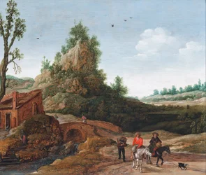 Landschaft mit Reisenden, die eine Brücke vor einer kleinen Behausung überqueren, Reiter im Vordergrund